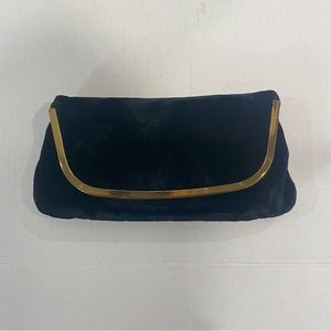 Vintage Black Velvet Folded Clutch Gold Metal Rim Purse Bag